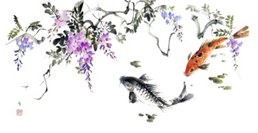 绘画 标题为“Japanese carps unde…” 由Ellada Saridi, 原创艺术品, 水彩