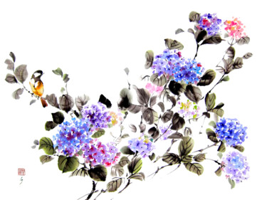 Картина под названием "Hydrangea Bush and…" - Ellada Saridi, Подлинное произведение искусства, Акварель