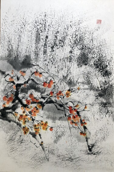 Painting titled "Persimmon tree in s…" by Ellada Saridi, Original Artwork, Ink