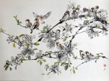 Painting titled "Sparrows on a bloss…" by Ellada Saridi, Original Artwork, Ink