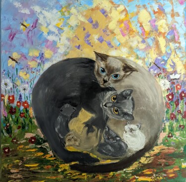 Painting titled "Cat happiness" by Ellen Frischbutter, Original Artwork, Oil