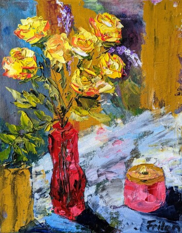 Painting titled "Strahlend gelbe Ros…" by Ellen Frischbutter, Original Artwork, Oil