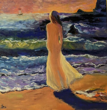 Malerei mit dem Titel "Ein Mädchen am Stra…" von Ellen Frischbutter, Original-Kunstwerk, Öl