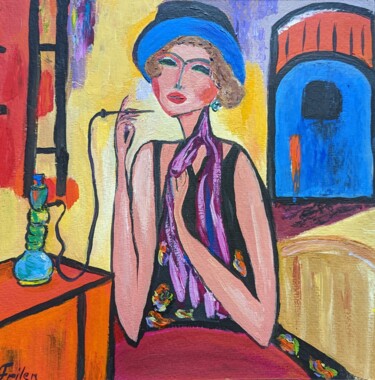 Schilderij getiteld "Die Dame an der Bar" door Ellen Frischbutter, Origineel Kunstwerk, Olie Gemonteerd op Houten paneel