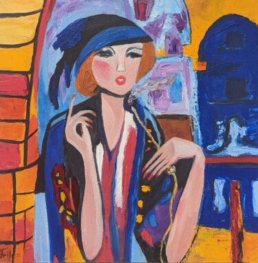 Painting titled "Die Dame raucht  Wa…" by Ellen Frischbutter, Original Artwork, Oil