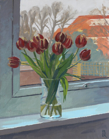 Pintura intitulada "Tulips in Cool Wind…" por Elliot Roworth, Obras de arte originais, Óleo Montado em Outro painel rígido