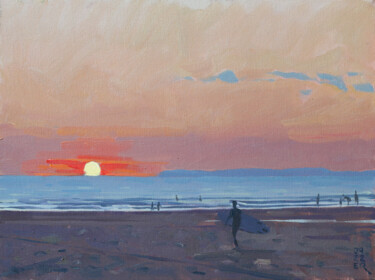 Painting titled "Croyde Bay Sunset" by Elliot Roworth, Original Artwork, Oil Mounted on Wood Stretcher frame