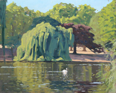 Painting titled "Swan in St James's…" by Elliot Roworth, Original Artwork, Oil Mounted on Cardboard