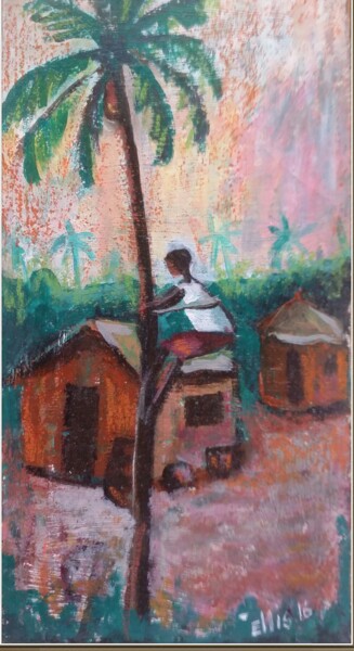 Painting titled "The Palm wine Tapper" by Ellis Oyekola, Original Artwork, Acrylic
