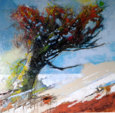 Painting titled "L'arbre rouge" by Elma Sanchez Le Meur, Original Artwork, Acrylic Mounted on Wood Stretcher frame