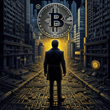 Digital Arts titled "Bitcoin and Man" by Elmir Tatar, Original Artwork, AI generated image