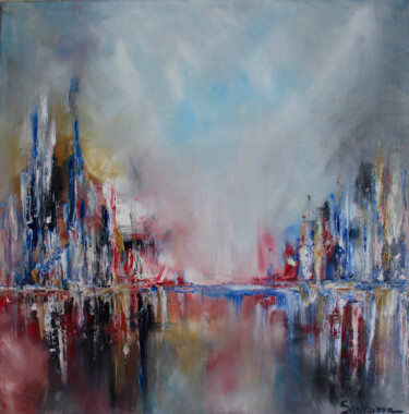 Painting titled "Spring urban landsc…" by Elmira Sharipova, Original Artwork, Oil Mounted on Wood Stretcher frame