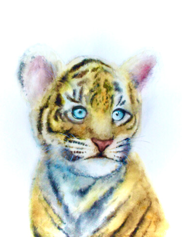 Dessin intitulée "Baby Tiger (Waterco…" par Elmira Sharipova, Œuvre d'art originale, Aquarelle