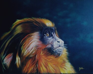 Painting titled "Tamarin Lion" by Elodie Gaschy (GElie), Original Artwork, Acrylic Mounted on Wood Stretcher frame