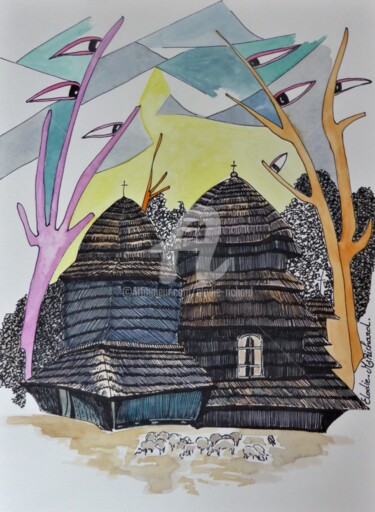 Painting titled "Tserkvas from the C…" by Elodie M. Richard, Original Artwork, Watercolor