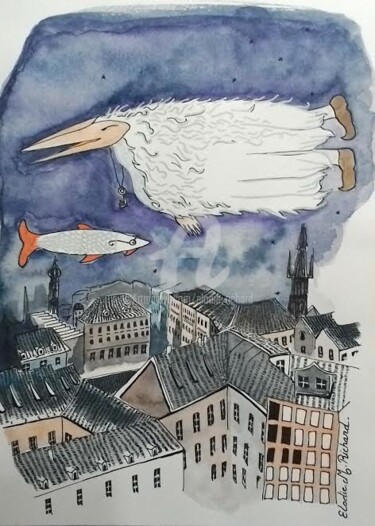 Pittura intitolato "Ptak flying above t…" da Elodie M. Richard, Opera d'arte originale, Acquarello