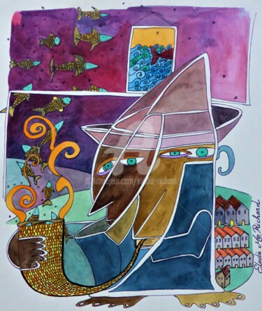 Картина под названием "''The Old Fisherman…" - Elodie M. Richard, Подлинное произведение искусства, Акварель