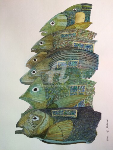 Malerei mit dem Titel "Fish House" von Elodie M. Richard, Original-Kunstwerk, Aquarell