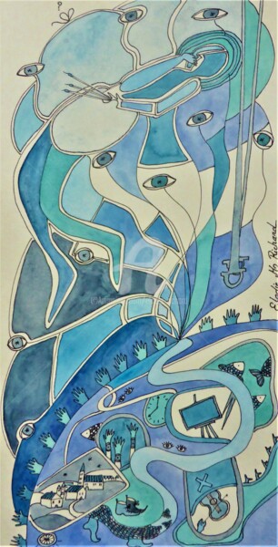 Ζωγραφική με τίτλο "Blue Hue" από Elodie M. Richard, Αυθεντικά έργα τέχνης, Ακουαρέλα