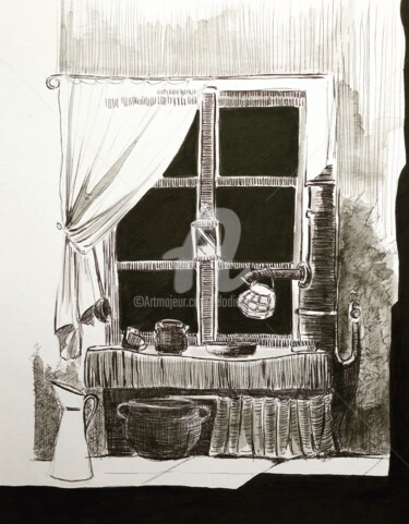 Drawing titled "The Old Mirror" by Elodie M. Richard, Original Artwork, Ink