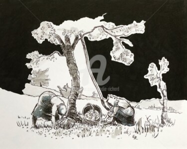 Drawing titled "The Cherry Harvest" by Elodie M. Richard, Original Artwork, Ink