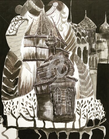 Drawing titled "Tserkvas and Two Si…" by Elodie M. Richard, Original Artwork, Ink