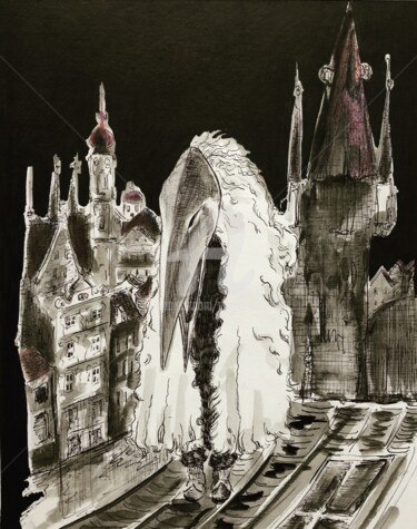 Zeichnungen mit dem Titel "Prague by Night" von Elodie M. Richard, Original-Kunstwerk, Tinte