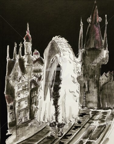 Drawing titled "Prague by Night" by Elodie M. Richard, Original Artwork, Ink