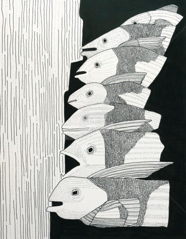Zeichnungen mit dem Titel "Fish House #2" von Elodie M. Richard, Original-Kunstwerk, Tinte