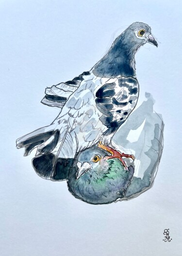 Malerei mit dem Titel "Pidge and Cobbler 2…" von Elodie M. Richard, Original-Kunstwerk, Aquarell