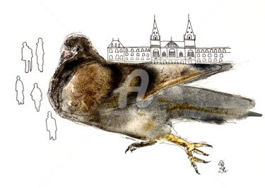 Malerei mit dem Titel "Pigeon of Dam Squar…" von Elodie M. Richard, Original-Kunstwerk, Aquarell