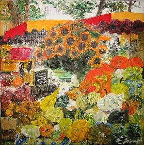 Painting titled "Le marché" by Elodie Aumage, Original Artwork, Oil