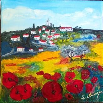 Peinture intitulée "Village aux coqueli…" par Elodie Aumage, Œuvre d'art originale