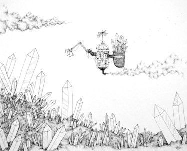 Rysunek zatytułowany „Champs de cristaux” autorstwa Elodie Teyssier, Oryginalna praca, Atrament