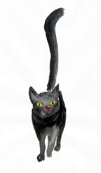 Drawing titled "Black cat walking" by Els Devrieze, Original Artwork, Acrylic