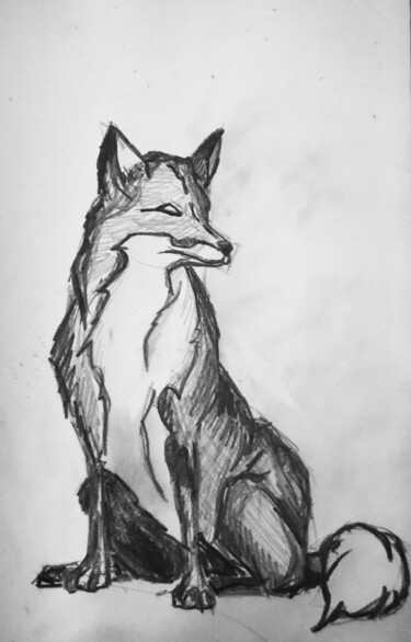 Dibujo titulada "Fox sitting" por Els Devrieze, Obra de arte original, Lápiz