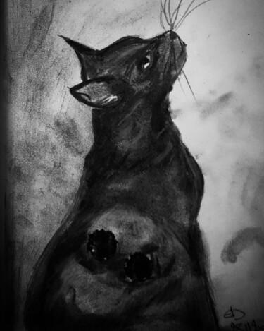 Desenho intitulada "Black cat staring o…" por Els Devrieze, Obras de arte originais, Carvão