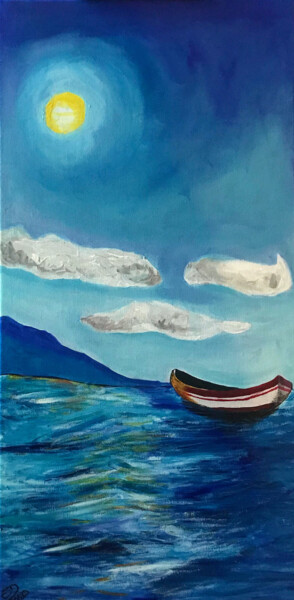 Painting titled "Red boat blue ocean" by Els Devrieze, Original Artwork, Acrylic