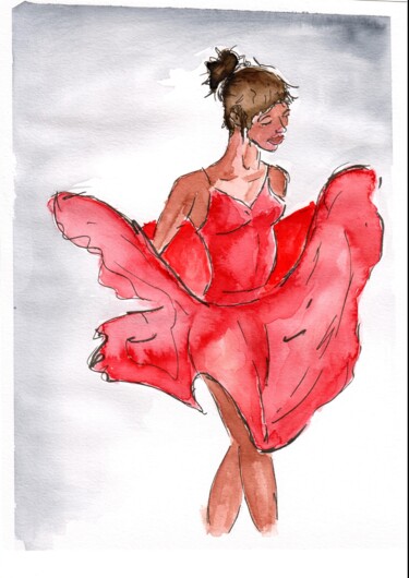 Painting titled "Red Harmony" by Els Devrieze, Original Artwork, Watercolor