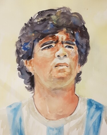 Painting titled "Diego Maradonna" by Els Driesen, Original Artwork, Watercolor