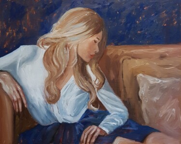 Schilderij getiteld "Woman in blue" door Els Driesen, Origineel Kunstwerk, Olie