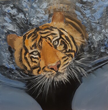 Painting titled "Tiger in the water" by Els Driesen, Original Artwork, Oil