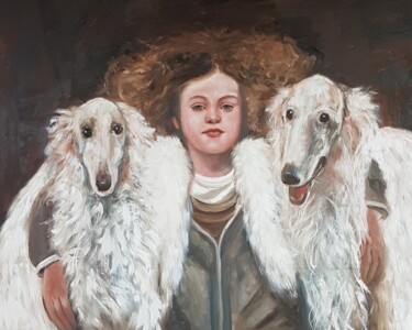 Painting titled "Girl with borzoi do…" by Els Driesen, Original Artwork, Oil