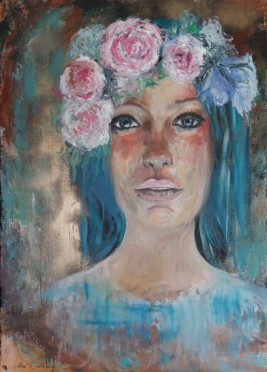 Schilderij getiteld "Flower girl" door Els Driesen, Origineel Kunstwerk, Olie