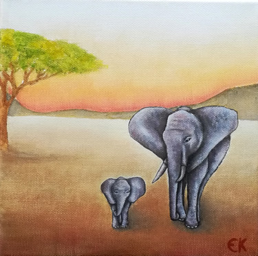 Peinture intitulée "les éléphants" par Elsa Keumurian, Œuvre d'art originale, Huile