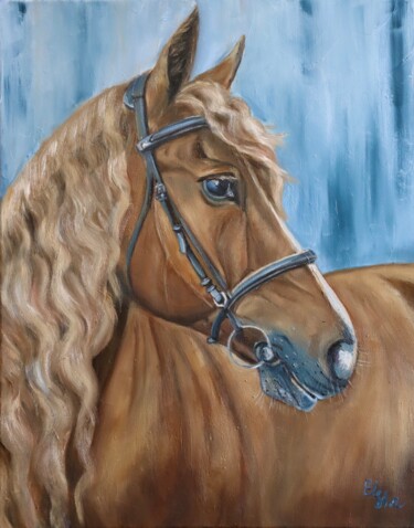Pintura intitulada "Wavy horse in blue…" por Elena Ushanova, Obras de arte originais, Óleo Montado em Armação em madeira
