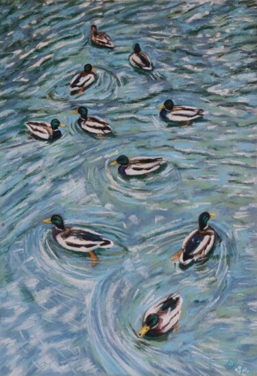 Tekening getiteld "Pond with ducks" door Elena Ushanova, Origineel Kunstwerk, Pastel