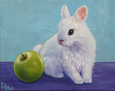 Painting titled "White bunny and gre…" by Elena Ushanova, Original Artwork, Oil Mounted on Wood Stretcher frame