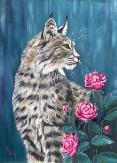 Painting titled "Lynx  in the garden…" by Elena Ushanova, Original Artwork, Oil Mounted on Wood Stretcher frame