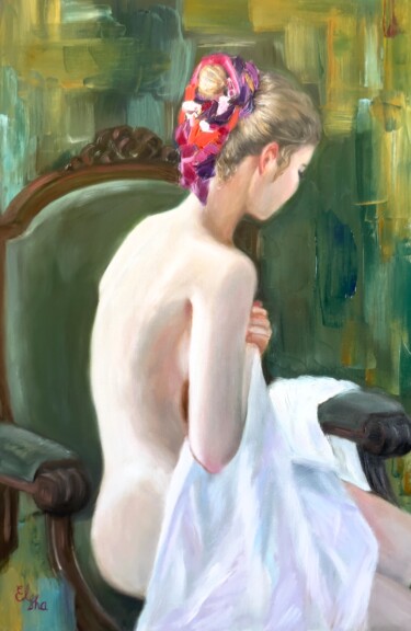 Painting titled "The girl in the eme…" by Elena Ushanova, Original Artwork, Oil Mounted on Wood Stretcher frame